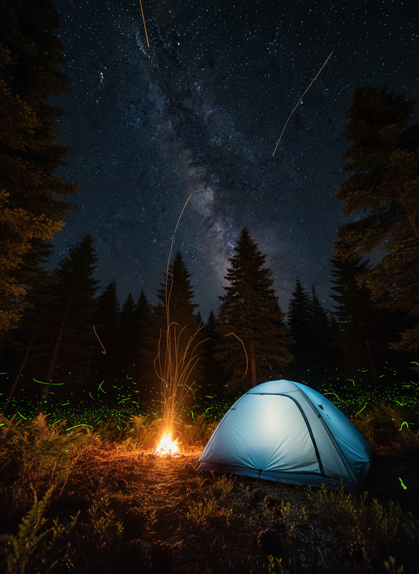 A whimsical night-time campsite scene set in a dense forest clearing, where a single sky-blue dome tent glows softly from within, its fabric subtly illuminated in warm yellow tones. Above, countless stars sparkle sharply in a deep indigo sky, the Milky Way faintly visible between the silhouettes of tall conifer branches. A small, well-tended campfire burns nearby, sending up delicate sparks that catch the light. Fireflies dot the undergrowth, adding tiny points of playful light among ferns and low shrubs. The ground is a mix of soft needles and scattered pinecones. Photographic realism with long-exposure style lighting, emphasizing the contrast between the cool, vast night sky and the cozy, warm campsite. Shot from a low angle, including both tent and sky, the atmosphere feels magical, serene, and gently adventurous, embodying the joy of unplugging in nature.
