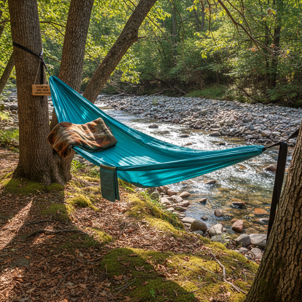 An inviting riverside hammock scene featuring a bright teal fabric hammock stretched between two sturdy, rough-barked trees, their trunks wrapped with protective straps. The hammock’s surface is slightly rumpled, hinting it was just used, with a soft, folded wool blanket in muted earth tones resting near one end. Beneath, a carpet of dry leaves and patches of soft green moss lead to a clear, shallow river flowing over round, multicolored stones. Sunlight sparkles on the water’s surface, creating playful reflections that dance onto nearby rocks. Late-morning natural light filters through the overhead canopy, casting moving, dappled shadows across the hammock. Photographic realism captured from a relaxed, slightly tilted eye-level angle, using the rule of thirds to balance hammock and river. The mood is light-hearted, restful, and gently playful, perfectly expressing “Escape the Noise, Embrace Nature.”