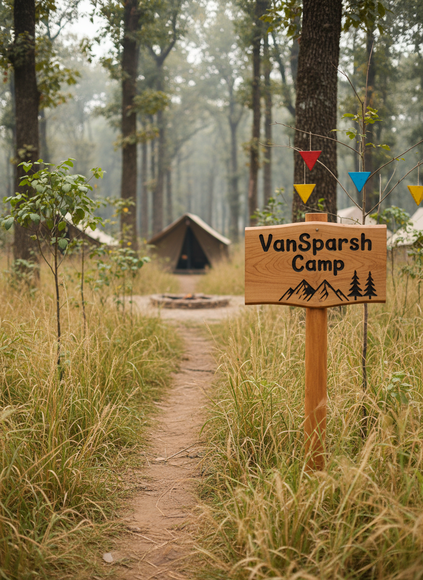 A cheerful forest path leading into VanSparsh Camp, with a narrow dirt trail winding through tall golden-brown grasses and young saplings. On one side, a hand-crafted wooden signpost made from a single sanded log points the way, the VanSparsh Camp name carved playfully and filled with dark stain, surrounded by simple mountain and pine icons. Small triangular trail markers in bright colors hang from nearby branches. The background reveals hints of tents and a central fire circle, softly out of focus among towering trees. Midday diffused sunlight from an overcast sky softens colors and reduces harsh shadows, creating an evenly lit, photographic-realistic scene. Shot from a low, forward-facing angle that makes the path feel like an invitation, the atmosphere is welcoming, adventurous, and slightly whimsical, encouraging visitors to explore deeper into nature.