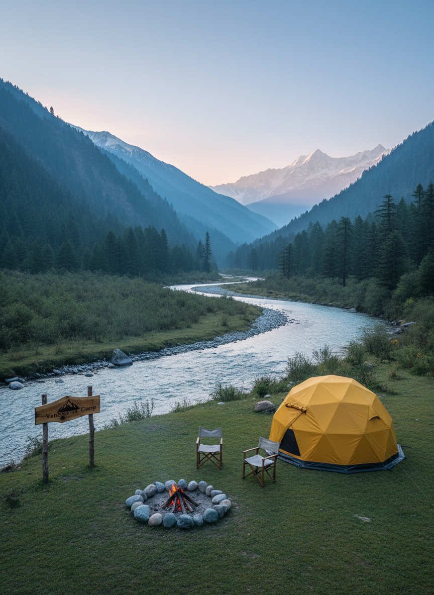 A panoramic mountain valley scene showcasing an inviting campsite beside a gently curving river with crystal-clear water reflecting the sky. On a flat grassy bank stands a bright mustard-yellow dome tent next to a rustic wooden sign branded with the VanSparsh Camp logo. Nearby, two empty canvas camp chairs face a ring of smooth stones encircling glowing coals. The surrounding hills are carpeted with lush green forest, while distant snow-dusted peaks rise dramatically against a soft pastel sunrise. Early morning light creates a cool, fresh atmosphere with long delicate shadows stretching from the tent. Photographic realism captured from a slightly elevated wide-angle perspective, sharp focus throughout, with vibrant yet natural colors. The composition balances river, forest, and camp elements to convey an expansive, adventurous mood with a playful promise of wilderness comfort.