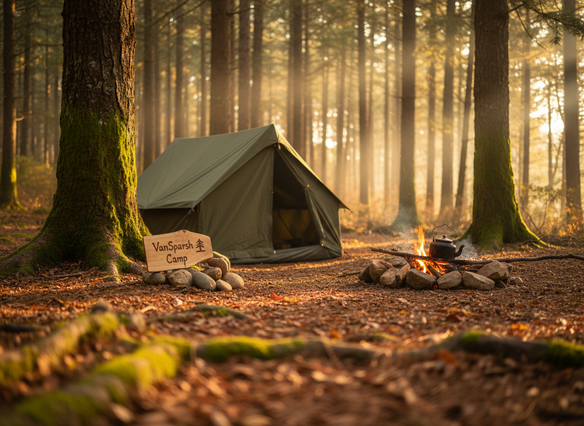 A cozy forest campsite clearing surrounded by tall deodar and pine trees, their bark rich brown and textured, with fresh moss clinging to roots. At the center sits a neatly pitched olive-green canvas tent with a small wooden camp sign reading “VanSparsh Camp” burned into the grain, propped beside smooth river stones. A crackling campfire glows softly, its embers reflecting off a metal kettle balanced on a rock ring. Warm golden hour sunlight filters through the canopy, creating playful shafts of light and dappled shadows across the leaf-covered ground. Photographic realism, shot at eye level using the rule of thirds, with a shallow depth of field that keeps the tent and fire sharp while the forest beyond melts into gentle bokeh, evoking a serene yet playful invitation to escape the noise and embrace nature.