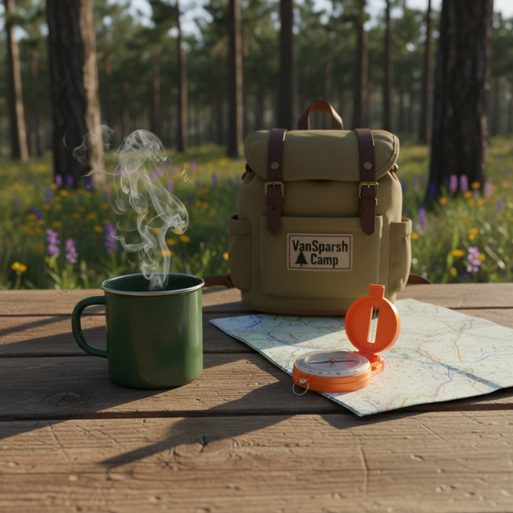 A close-up, photographic-realistic view of a rustic wooden camp table made from rough-hewn planks, its surface marked with gentle scratches and knots that add character. On the table rests a colorful spread of camping essentials: a matte forest-green enamel mug with steam curling up, a folded topographic map with contour lines clearly visible, a bright orange compass, and a small, closed khaki canvas backpack with leather straps and a stitched VanSparsh Camp patch. In the background, softly blurred pine trunks and scattered wildflowers hint at a forest setting. Soft late-afternoon sunlight streams from the left, casting warm highlights along the mug’s rim and creating playful, crisp shadows of the gear. Shot from a slightly elevated angle with shallow depth of field, the mood is inviting and adventurous, suggesting playful planning for nature escapes.